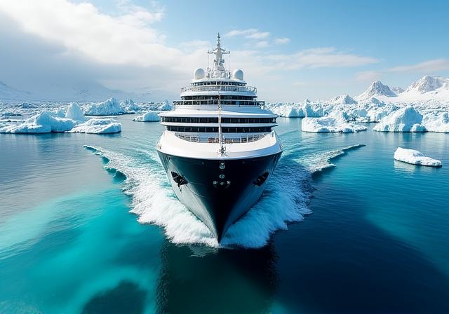 Paisaje glacial ártico con barco de expedición