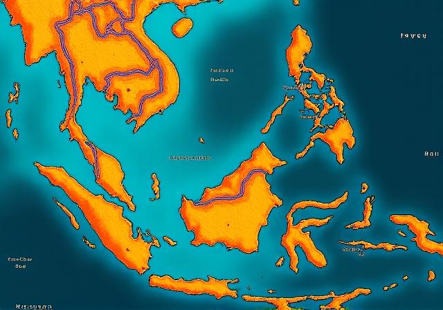 Detalle de un mapa artístico de las costas de Asia con tonos dorados y azules